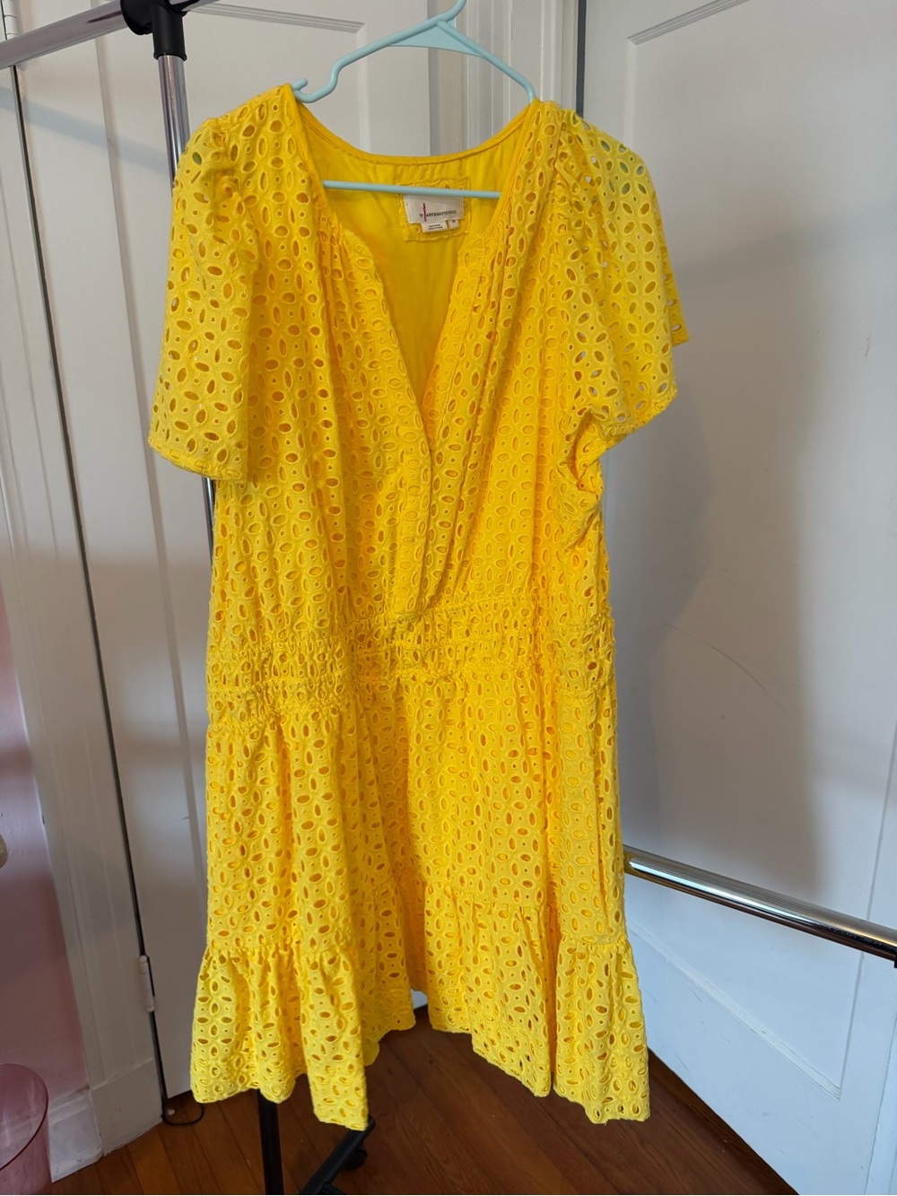 Anthropologie Bright Yellow Eyelet V-Neck Somerset Mini Dress